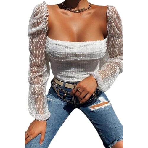 Women Sexy Patchwork Top Shirt Long Puff Sleeve Solid Slim-Fit Sheer Blouse Low Chest Pleated Mesh Pullover Wild Top
