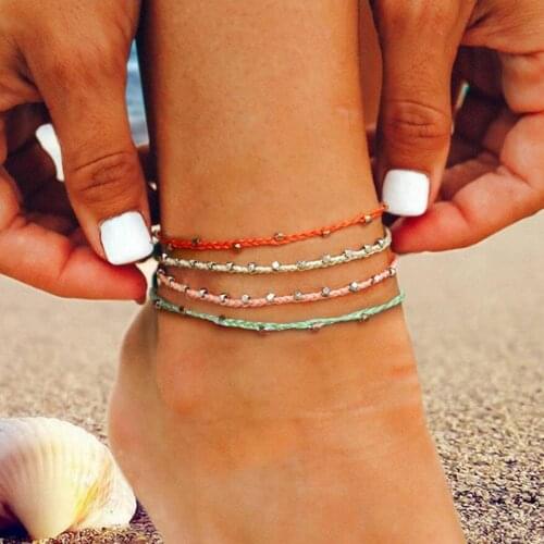Color Waterproof Wax line Braided Thread Anklets Ankle Bracelet for Women Alloy Beads Boho Jewelry Beach Accessories tobilleras