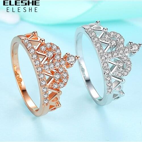 ELESHE New Trendy Luxury Elegant Silver Color Crown Rings for Women Fashion Sparkling Crystal Zircon Engagement Ring Jewelry