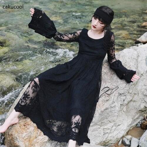 Cakucool 2020 Fashion Ladies Black and White Lace Dress Dress V-neck Flare Sleeve Party Summer Beach Holiday Dress Ladies 2020