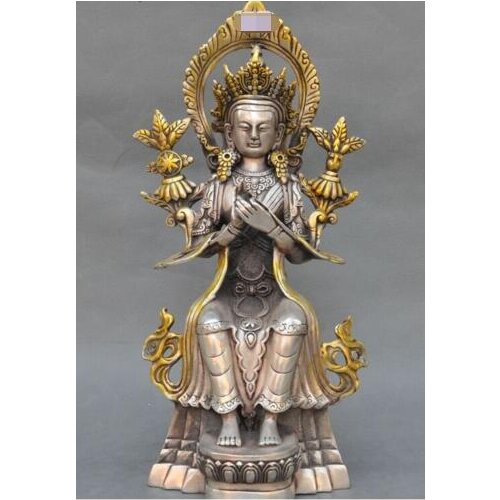 13" Tibet Buddhism Temple Joss Silver Kwan-yin Guanyin Bodhisattva Buddha Statue