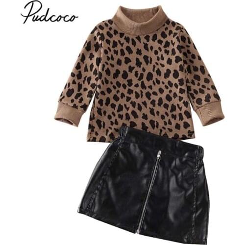 2020 Leoaprd Fashion Outfits 0-5Y Turtleneck Knitted Sweater Tops Leather Skirt Toddler Baby Kids Girl Clothes Winter Spring Set