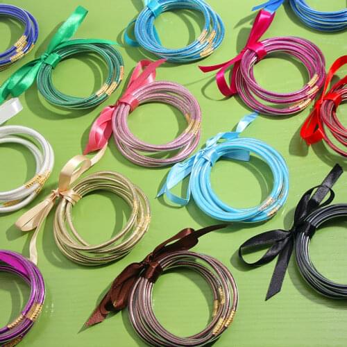 3UMeter 5-piece Flash Bangle Jelly Women Bowknot Set Bracelet 9 Colors Plastic Plus Gold Powder Lightweight Bracelet