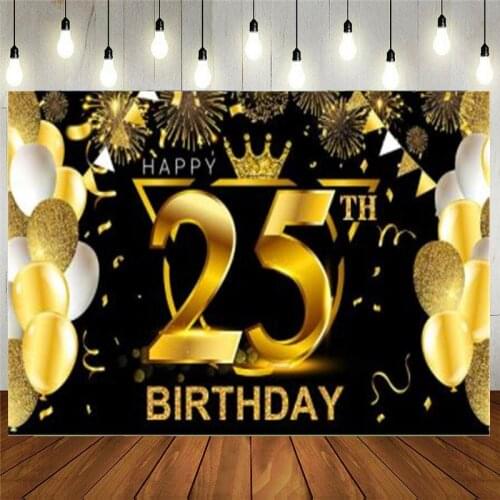 25th Happy Birthday Banner Party Backdrop Decorations Sign Poster Black Gold Supplies For 25th Anniversar Background