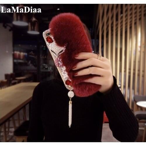Rabbit Hair Phone Case For Huawei Honor8 9 10 20 Lite V10 V20 7X 8X 9X Nova3 4 5 6 Lite Bling Rhinestone Fur Fluffy Warm Cover