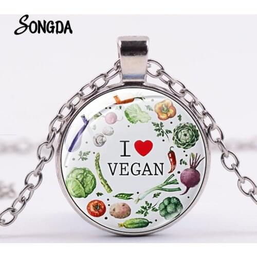 I Love Vegan Green Vegetables Creative Necklace Vegetarian Lifestyle Art Drawing Fashion Glass Cabochon Pendants Jewelry