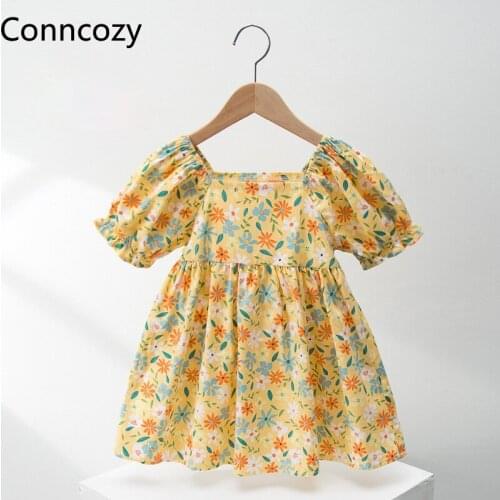 Yellow Flower Girl Dresses Casual Girls Summer Print Dress Kids Baby Short-sleeve Dress Korea Girl Cotton Dress Princess Clothes