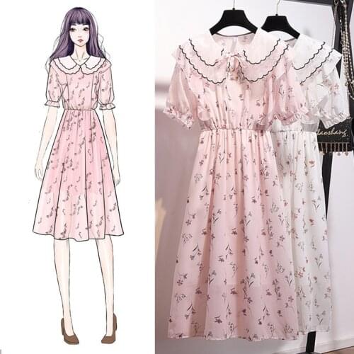 Summer Chiffon Floral Print Pleating Short Sleeve Double Collar Knee-Length A-Line Plus Size Pink White Cocktail Dresses