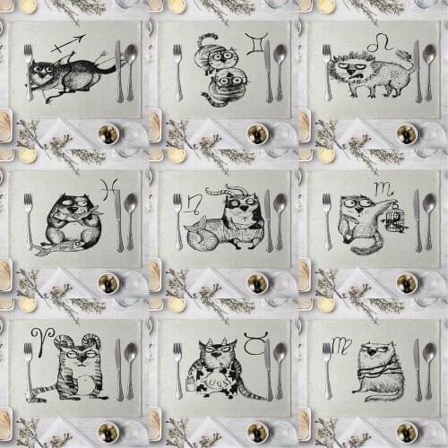 Cute Cat Print Linen Placemats For Kitchen Table Anti-scalding Table Mats For Dining Table Cup Coasters Home Decor