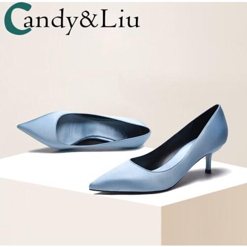 Sweet Sky Blue GIRLS Hipster High Heel Shoes 2019 Spring Low-Cut 5 Cm Semi-high Heeled Pointed-Toe Thin Heeled Shoes Womens