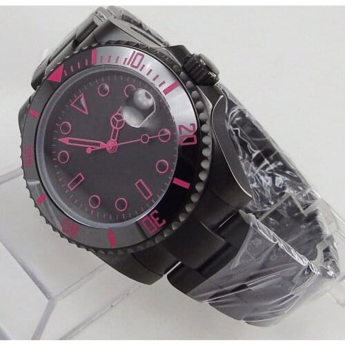 40mm Black Dial Automatic Mechanical Sapphire Glass Miyota PVD Coated Bracelet Strap Date Window Pink Self Winding Mens Watch
