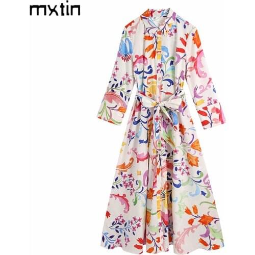 MXTIN 2021 Women Spring Vintage Floral Print Midi Dress Fashion Bow Tie Sashes Turn-down Collar Long Sleeve Chic Dresses Vestido