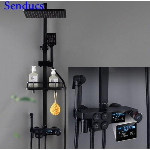 Bathroom Shower Set Senducs Press Handle Digital Shower System of Brass Bathtub Mixer Tap Matte Black Digital Shower Mixer Set