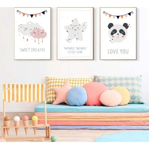 Nursery Quotes Wall Art Posters Prints Nordic Cartoon Panda Flags Star Cloud Canvas Painting for Child Kids Baby Bedroom Decor