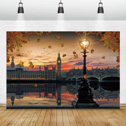Laeacco Autumn Maples London City Buildings Lakeside Dusk Big Ben Lantern Scenic Photography Background Photo Backdrop Photocall