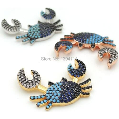 26*20*4mm Micro Pave Clear&Kallaite & Blue CZ Crab Charms Of Double Loops Fit For Making Necklaces Jewelry