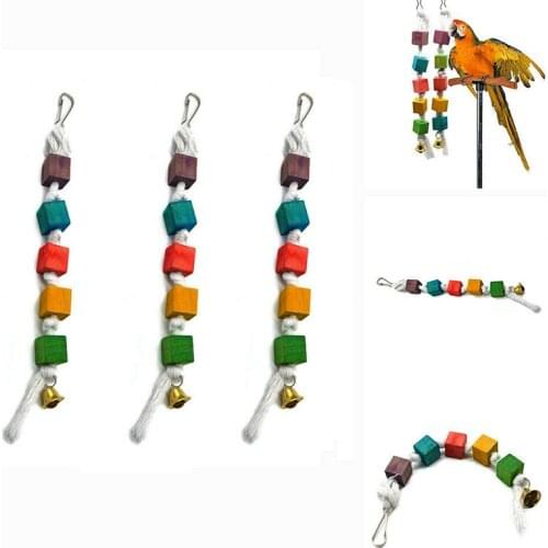 Bird Wooden Blocks Chew Toys Chewing Climbing Tool For Parrots Hanging String With Bells Bird Cages Decoration Random Color