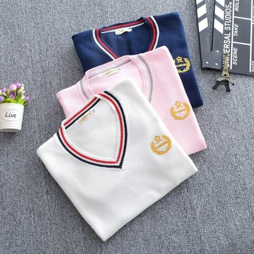 2020 Autumn And Winter College Style V-neck Knitting Embroidery Cotton Sweater Japanese JK Uniform Student Long Sleeve Sweater