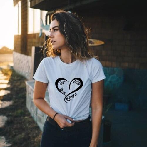 Hope Faith Love Blessed Heart Print Women Summer T-shirt Christian Cross Harajuku Tshirt Graphic Tee Jesus Casual Tops Camisetas