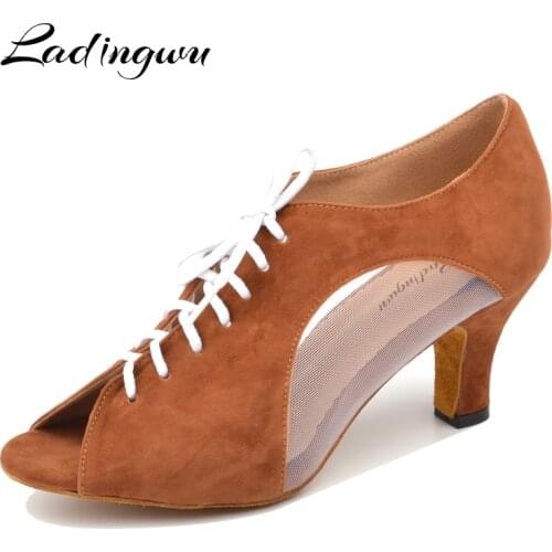Ladingwu Flannel and Mesh Dance Shoes Latin Woman Salsa Dancing Shoes Red Women Ballroom Shoes Dance Soft Bottom Heel 5/6/7cm