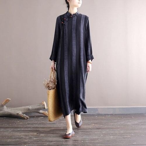 Women Spring Autumn Vintage Stand Collar Retro Qipao Dress Ladies Loose Cheongsam Dress Female 2021 Dresses