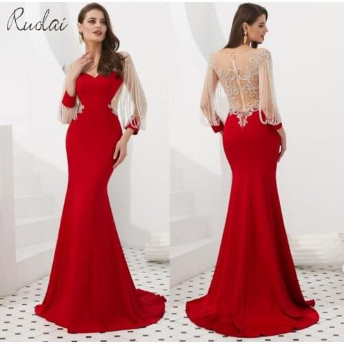 New Mermaid Luxury Evening Dresses Long 2019 Long Sleeve See Through Back Beads Evening Gowns For Women Evening dress