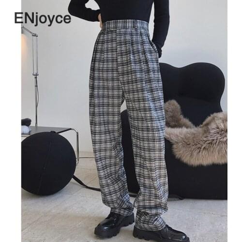 Women 2020 Winter Vintage Black Plaid Thicken Pants High Waist Wide Leg Trousers Plus Size Ladies Casual Streetwear Suit Pant