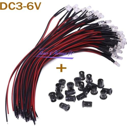 10-100pcs F3mm F5mm LED Red/Green/Blue/RGB white UV Pink DC3-6V Round Pre-Wired Water Clear LED With Plastic Holder