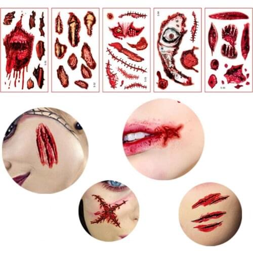10Pcs/Set 2021 Hot Halloween Style Tattoo Sticker Scar Patterns Vivid Body Terror Realistic Stitched Injuries Tattoos for Makeup