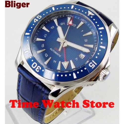 2019 New 41mm Bliger GMT Automatic watch men luxury 3ATM waterproof blue dial leather strap ceramic Bezel luminous sapphire 839