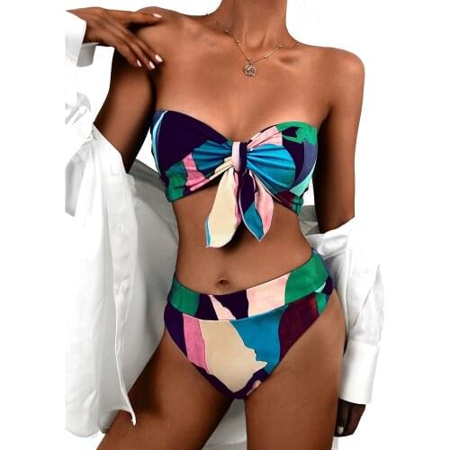 2021 Beach Bikini Woman Sexy Strapless Swimsuit Female Push Up Bow Bathing Suit Double Sided PrintThong Swimwear