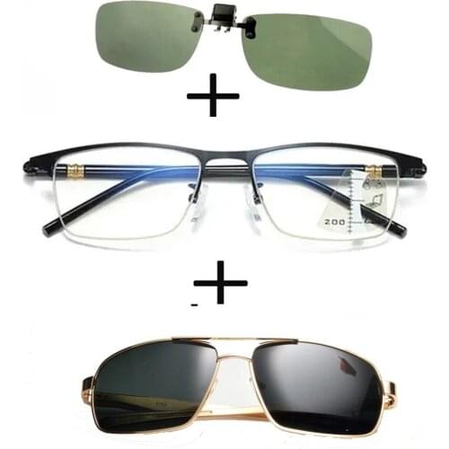 3Pcs!!! Progressive Far and Near Business Reading Glasses for Men Women + Polarized Sunglasses Squared Pilot + Sunglasses Clip