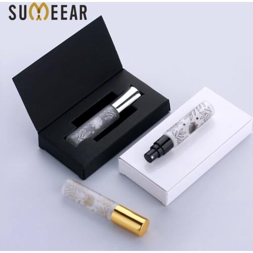 50 Pcs/Lot 10ml Leaf pattern Frosted Perfume Bottle with Package Box Portable Refillable Atomizer Empty Glass Perfume Bottles