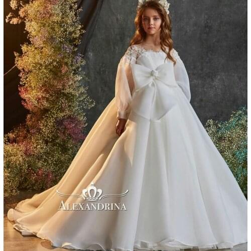 White Fairy Flower Girl Dresses with Big Bow Long Sleeve Lace Girls Birthday Party Dress Prom Wear First Communion Gowns