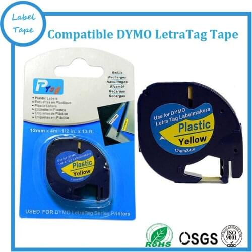 Free Shipping 5PK Compatible DYMO Letratag 91202 12mm Black on Yellow plastic tape with skin packing