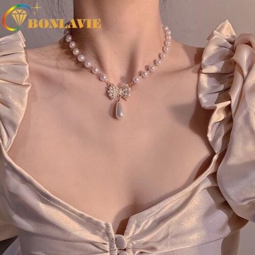 BONLAVIE French Elegant Retro Bow Pearl Collarbone Chain Earrings Set Light Luxury Romantic Accessories