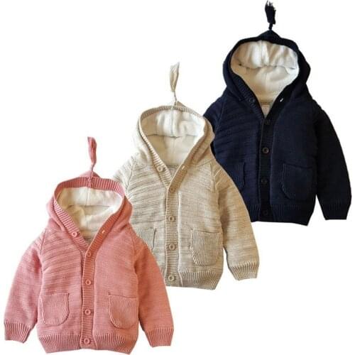 Kids Sweaters Plus Velvet Thicken Baby Boy Sweater 2 3 4 5 Y Girls Clothing Hooded Single Breasted Knit Cardigan Child Clothes