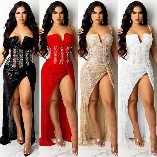 Glam Pearl Rhinestones High Slit Party Dress Fashion Women Straps Bodycon Sequins Party Club Maxi Long Dress Birthday Outfits