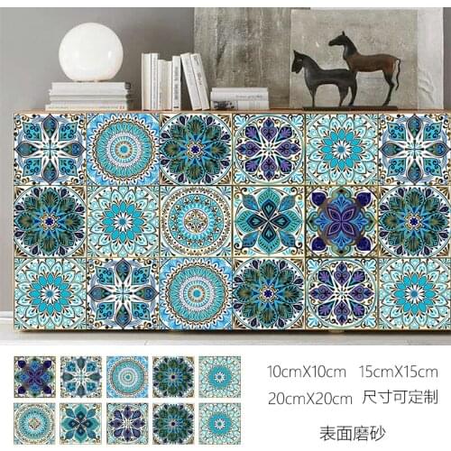 Dream Blue Mandala Style Matte Surface Wall Sticker Tile Decoration Film For Tiles /Ground in Kitchen Bathroom Floor Art Mural