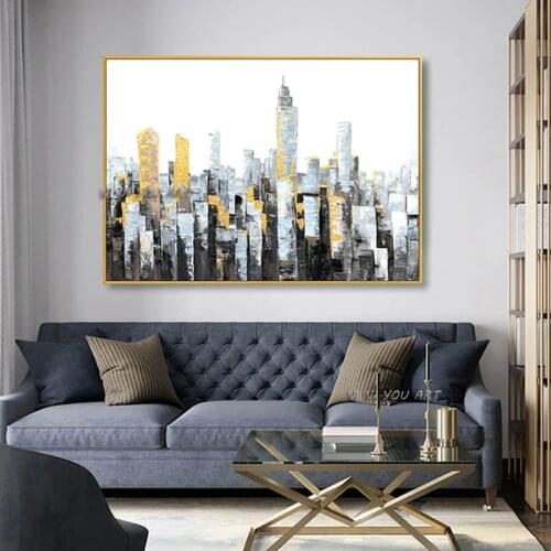 Skill Artist Hand-painted High Quality Gold City Art Handmade Landscape Abstract New York Oil Painting On Canvas Home Decor