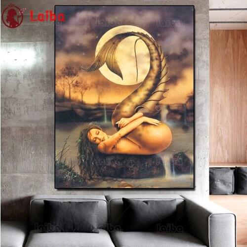 Golden mermaid Painting DIY Diamond Painting moon beauty diamond Embroidery 5d mosaic Diamond cross stitch Salon decoration art