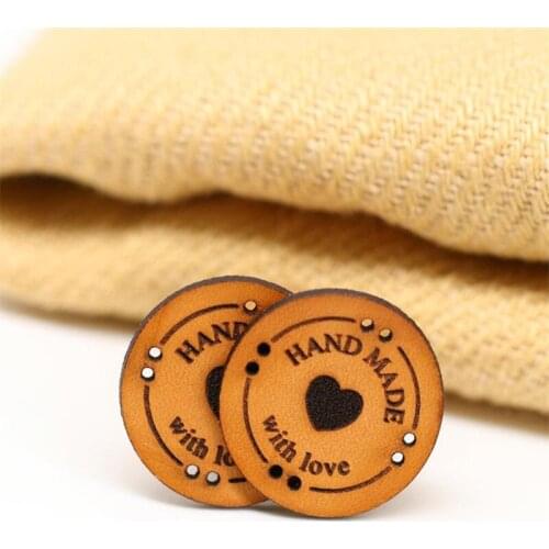 Round Leather Labels Pack - "HAND MADE with love" - RO03 - Custom clothing labels, knitting labels,leather garment labels