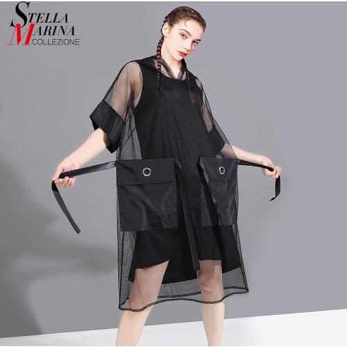 Summer Woman Black Mesh Hooded Dress & Tapes Pocket Transparent Plus Size Sheer Girls Sheer Organza Dress Robe Femme Style 6319