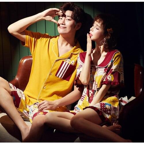 Summer Full Cotton V-neck Cardigan Couple Pajamas Set Kawaii Red Doll Collar Cartoon Women Sleepwear Lover Short Sleeve Homewear