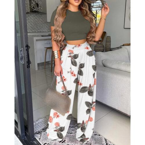Summer Women Plain Crop Top & Floral Print Pants Overalls Sets 2021 Femme Elegant Tank & Long Wide Pants Set Ladies Outfit Traf