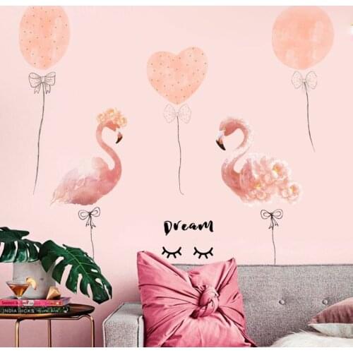 Cartoon Balloons Couple Pink Flamingo Wall Stickers DIY Birds Animal Mural Decals for House Kids Rooms Baby Bedroom Decoration