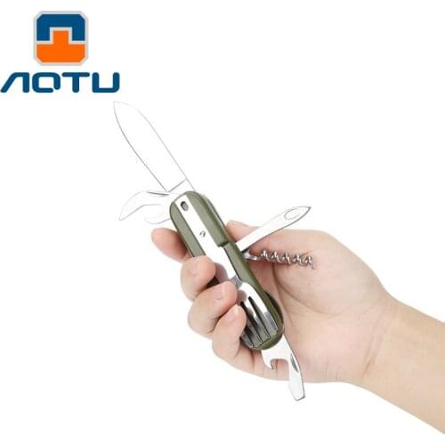 Outdoor Foldable 7-In-1 Camping Utensil Travel Mess Cutlery Kit Stainless Steel Fork Spoon Knife Bottle Opener Set Multifunction