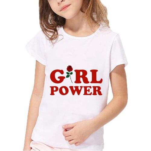 New childrens red roses girl power printing Harajuku T-shirt childrens clothing round neck Tshirt baby girl white shirt,BAL550