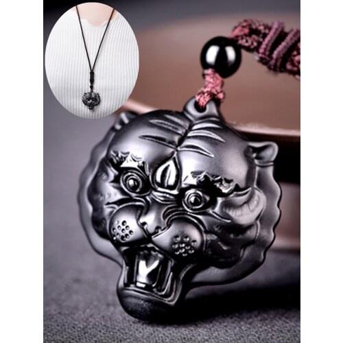 True Obsidian Tiger Necklace Pendant Hand-carved Tiger Head Gemstone Necklace Mens Lucky Amulet Pendant Fashion Gift
