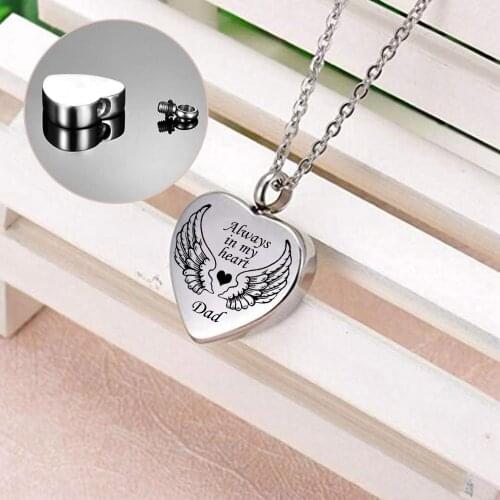 Stainless Steel "Always in My Heart" Cremation Jewelry angel wing Pendant Heart Necklaces Pets Ash Urns Keepsakes DAD and MOM